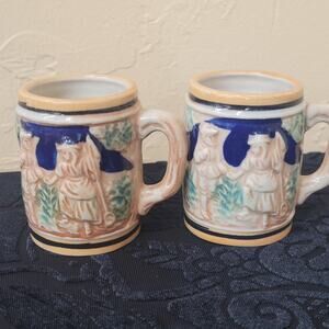 Two- Beer Steins; Miniature German Shot Glass Mugs Ceramic Collectibles Vintage
